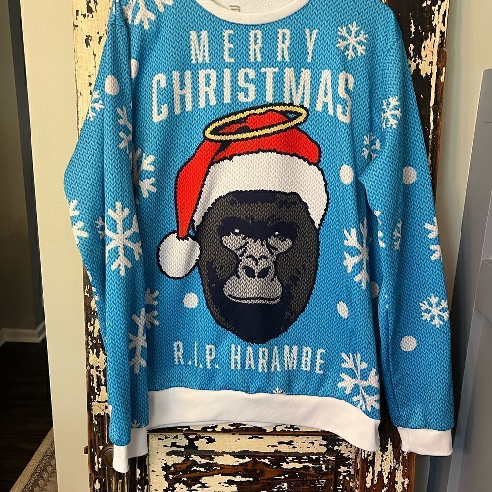 Game Gear Funny Christmas Ugly Christmas Harambe RIP  fleece jersey shirt L